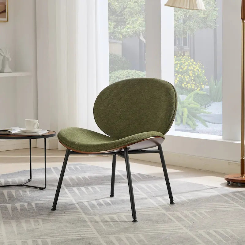 Mid-Century Modern Shell Chair Single Side Chair Tripod Black Leather Lounge Chair in Walnut Finish Comfortable Backrest