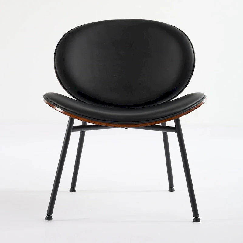 Mid-Century Modern Shell Chair Single Side Chair Tripod Black Leather Lounge Chair in Walnut Finish Comfortable Backrest