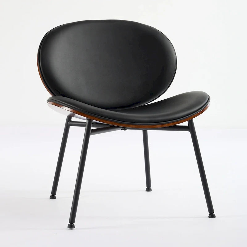 Mid-Century Modern Shell Chair Single Side Chair Tripod Black Leather Lounge Chair in Walnut Finish Comfortable Backrest