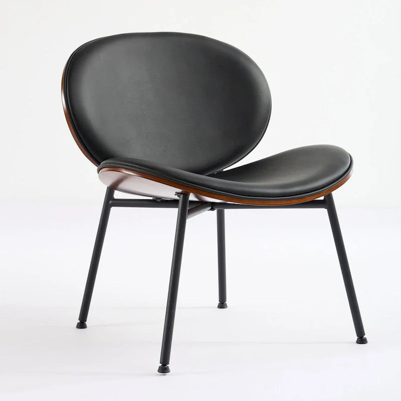 Mid-Century Modern Shell Chair Single Side Chair Tripod Black Leather Lounge Chair in Walnut Finish Comfortable Backrest