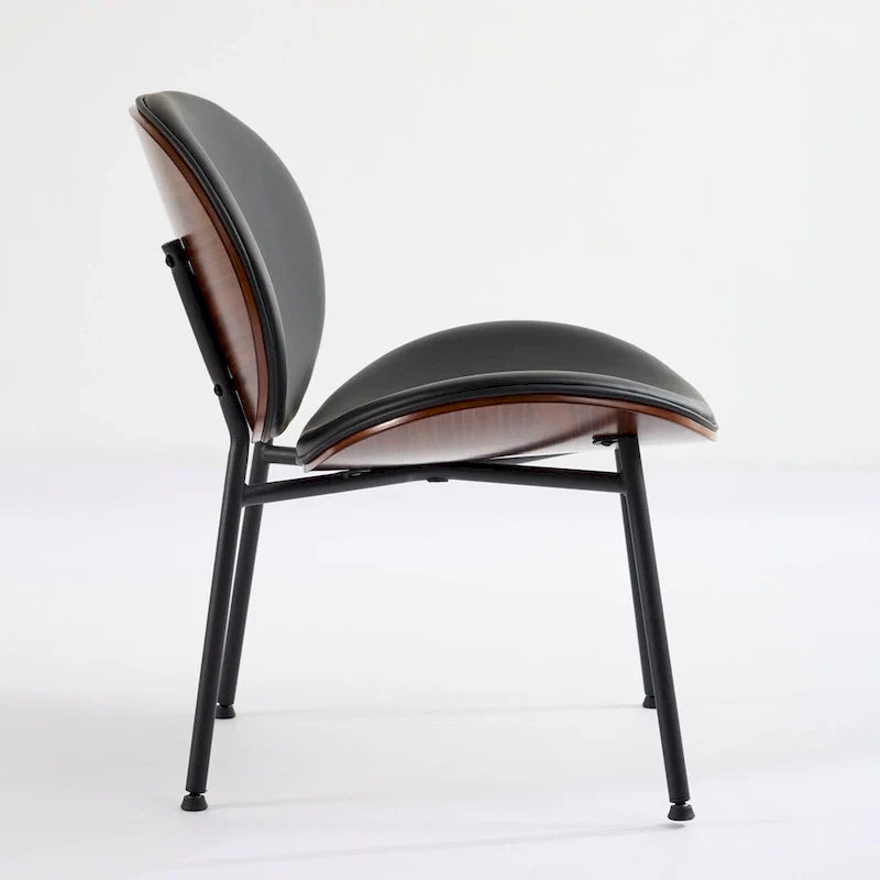 Mid-Century Modern Shell Chair Single Side Chair Tripod Black Leather Lounge Chair in Walnut Finish Comfortable Backrest