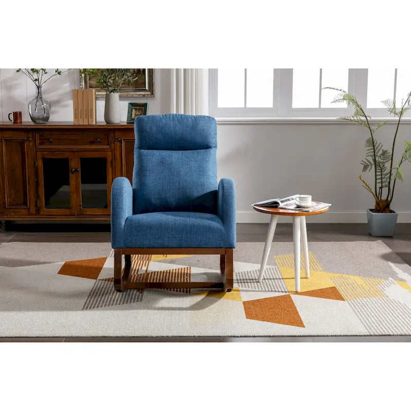 Blue 27 Upholstered Rocking Chair with Wood Legs and Convenient Side Pocket
