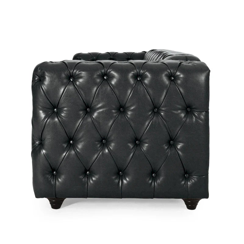 Black Modern 83.5 Faux Leather Button Tufted 3-Seater Sofa with Wood Legs