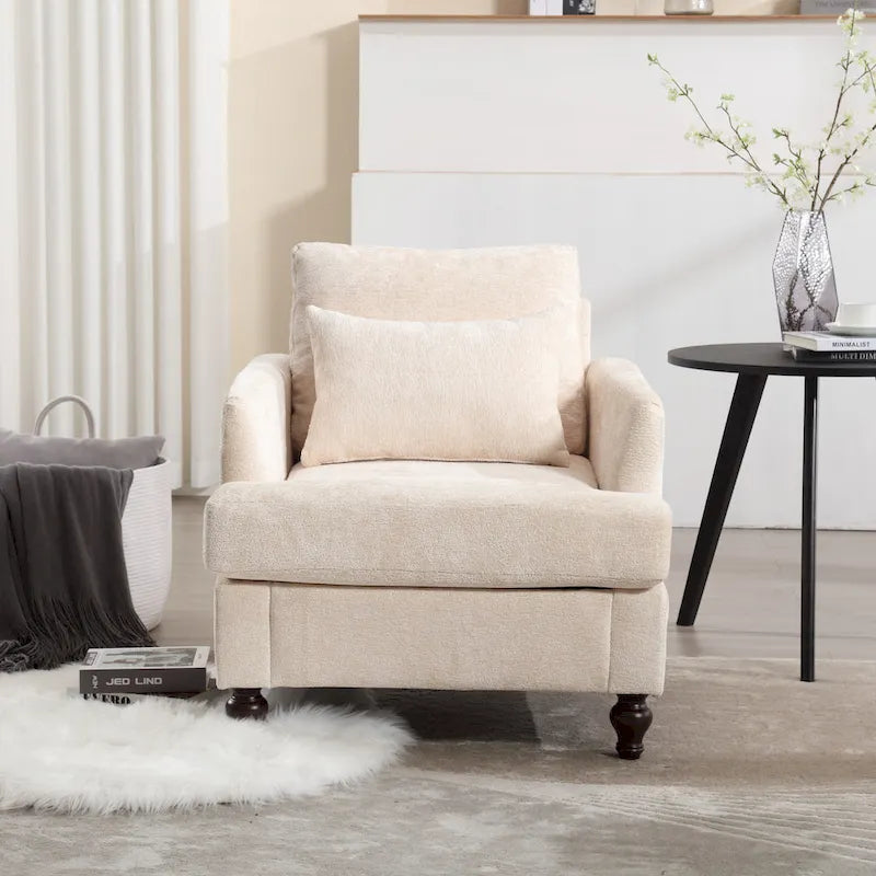 Beige 29.53 Chenille Upholstered Arm Chair with Solid Wood Frame and Cushions