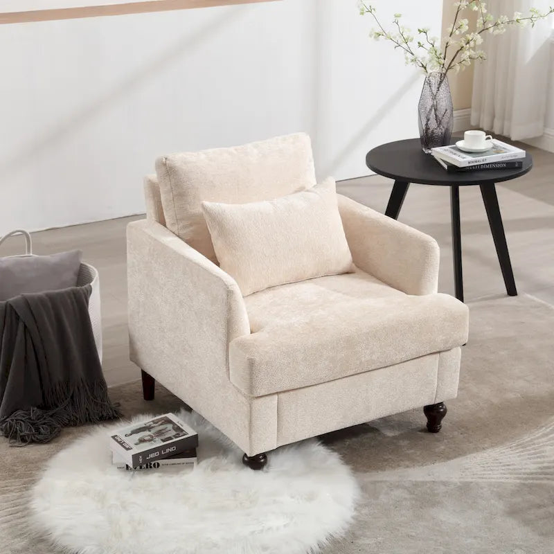 Beige 29.53 Chenille Upholstered Arm Chair with Solid Wood Frame and Cushions