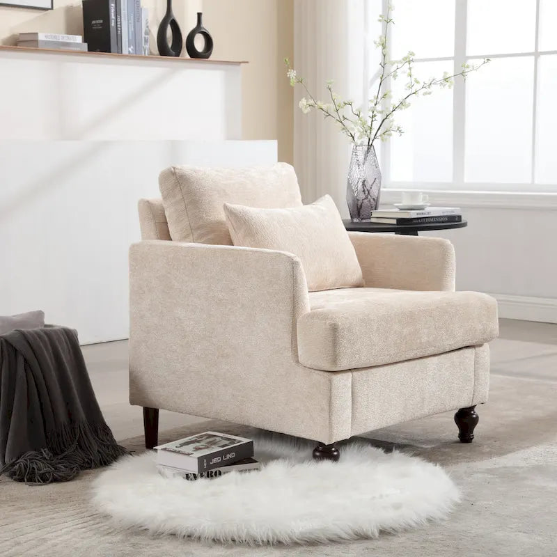 Beige 29.53 Chenille Upholstered Arm Chair with Solid Wood Frame and Cushions