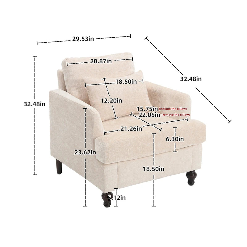 Beige 29.53 Chenille Upholstered Arm Chair with Solid Wood Frame and Cushions