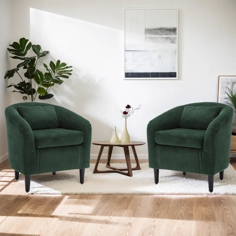 Emerald 24.8 Upholstered Barrel Chair with Wood Legs and Pillows