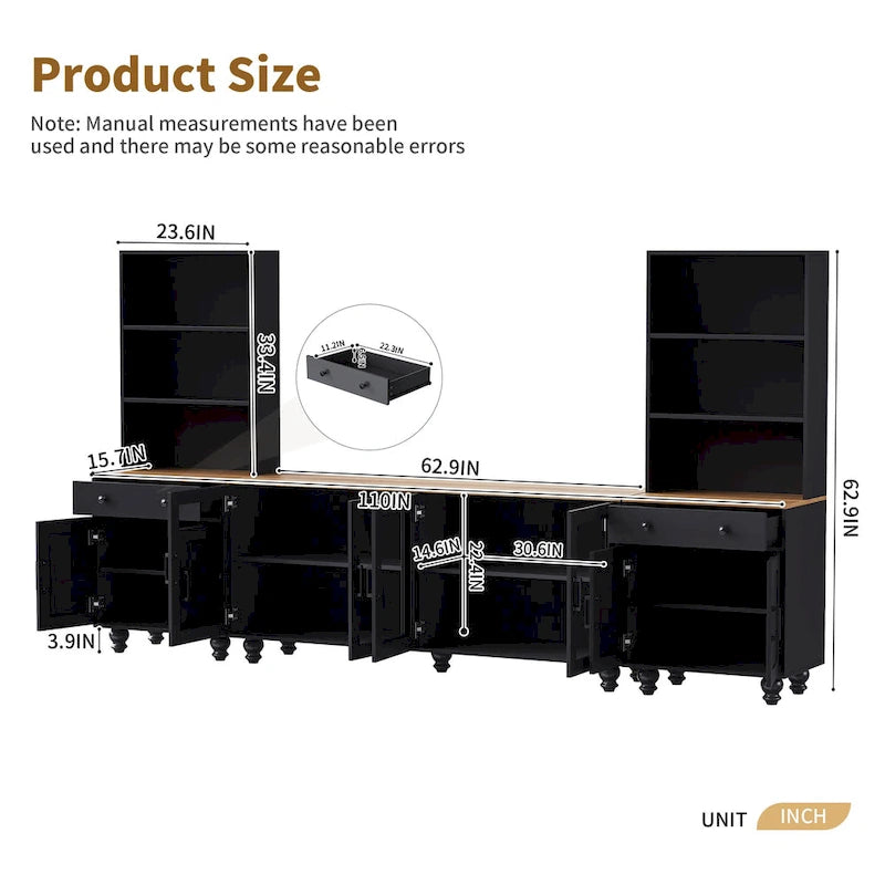 Black + Dark Walnut Farmhouse TV Entertainment Center with Bookshelves & Glass Doors for 70 TVs