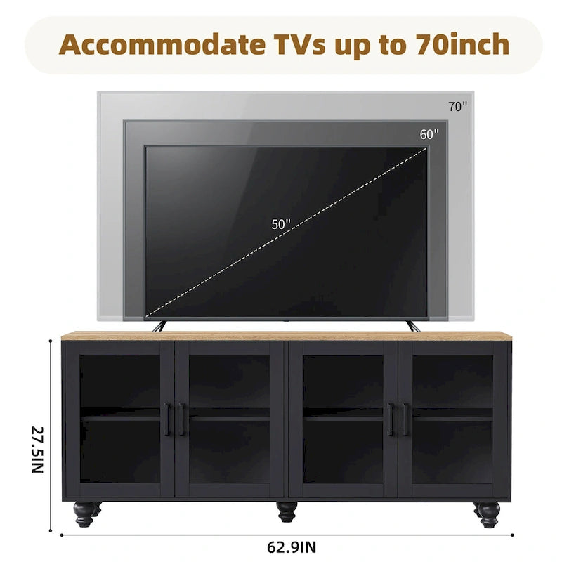 Black + Dark Walnut Farmhouse TV Entertainment Center with Bookshelves & Glass Doors for 70 TVs