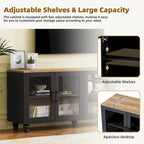 Black + Dark Walnut Farmhouse TV Entertainment Center with Bookshelves & Glass Doors for 70 TVs