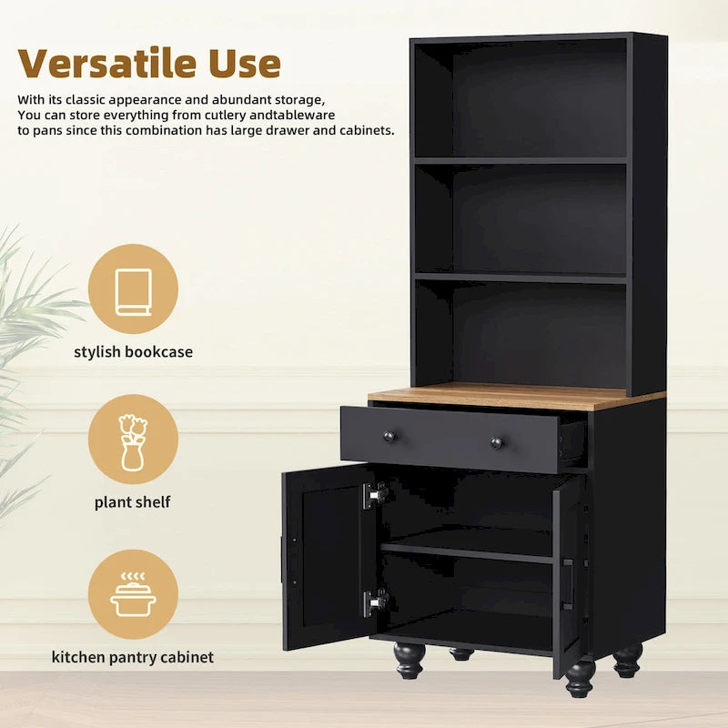 Black + Dark Walnut Farmhouse TV Entertainment Center with Bookshelves & Glass Doors for 70 TVs