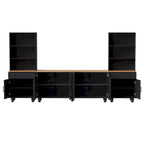Black + Dark Walnut Farmhouse TV Entertainment Center with Bookshelves & Glass Doors for 70 TVs