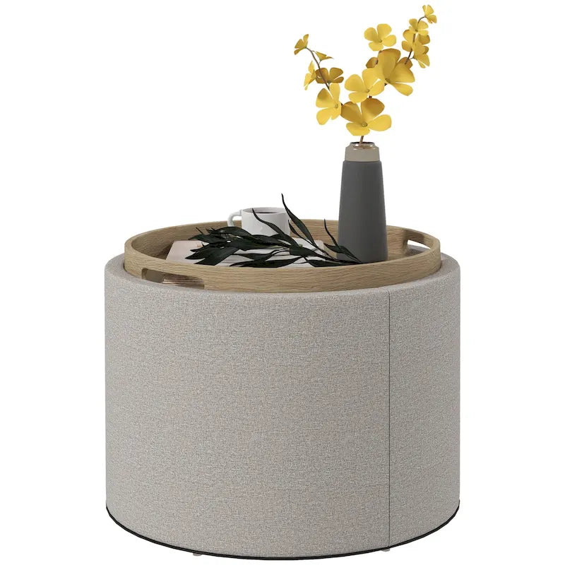 Round Storage Ottoman Coffee Table with Flip Top Tray, Gray