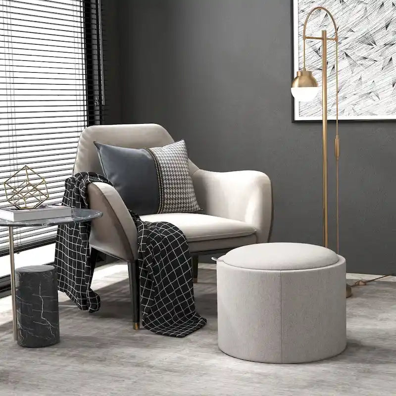 Round Storage Ottoman Coffee Table with Flip Top Tray, Gray