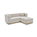 Beige Velvet Tufted L-Shaped Sectional Sofa with Ottoman and 4 Pillows