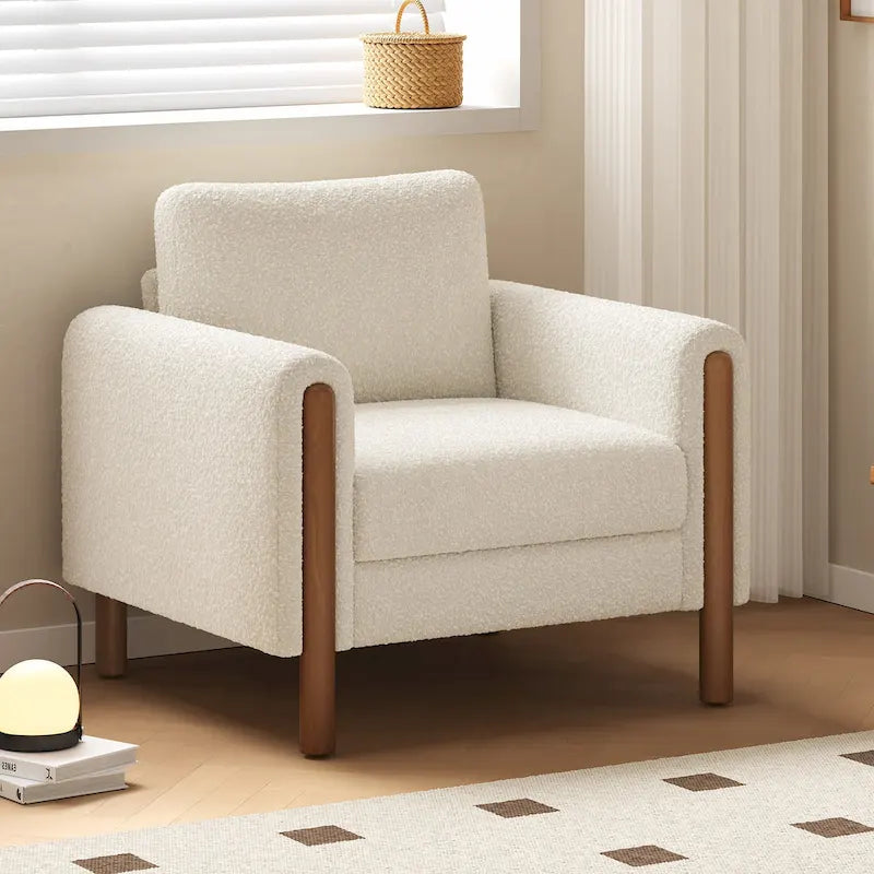 White 33.5 Upholstered Accent Chair with Walnut Legs and Curved Handrail