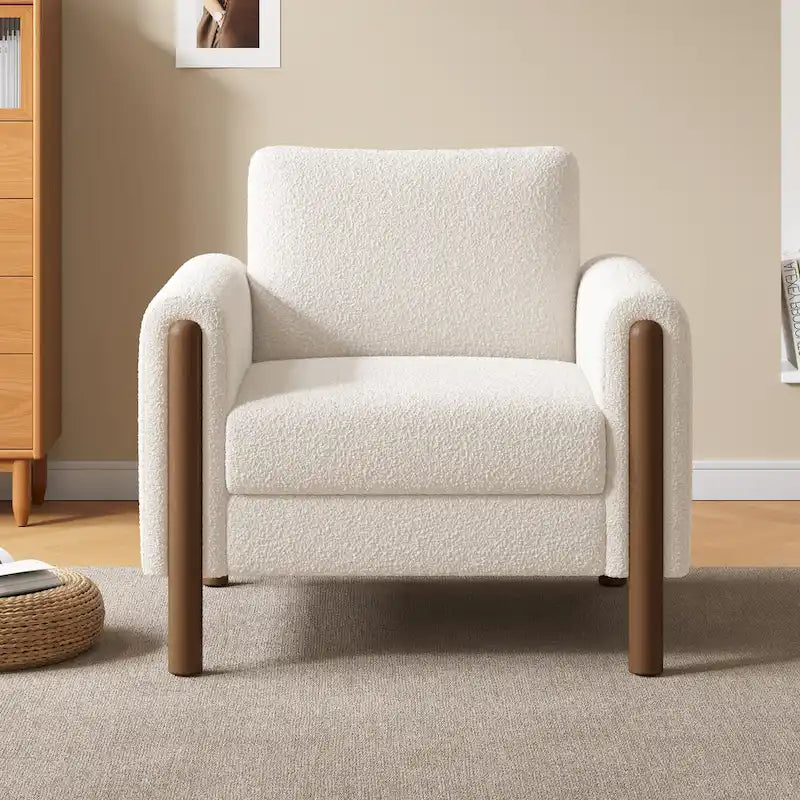 White 33.5 Upholstered Accent Chair with Walnut Legs and Curved Handrail