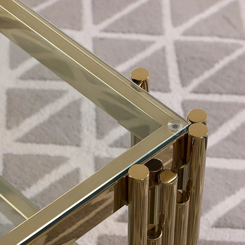 Woker Furniture 20 Wide Square End Table with Glass Top, Golden Stainless Steel Tempered Glass Coffee Table