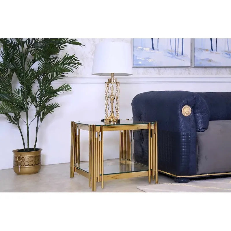 Woker Furniture 20 Wide Square End Table with Glass Top, Golden Stainless Steel Tempered Glass Coffee Table