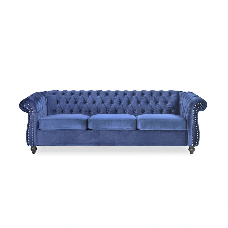 Blue 84.75 Chesterfield Button Tufted 3-Seater Sofa with Nailheads and Legs
