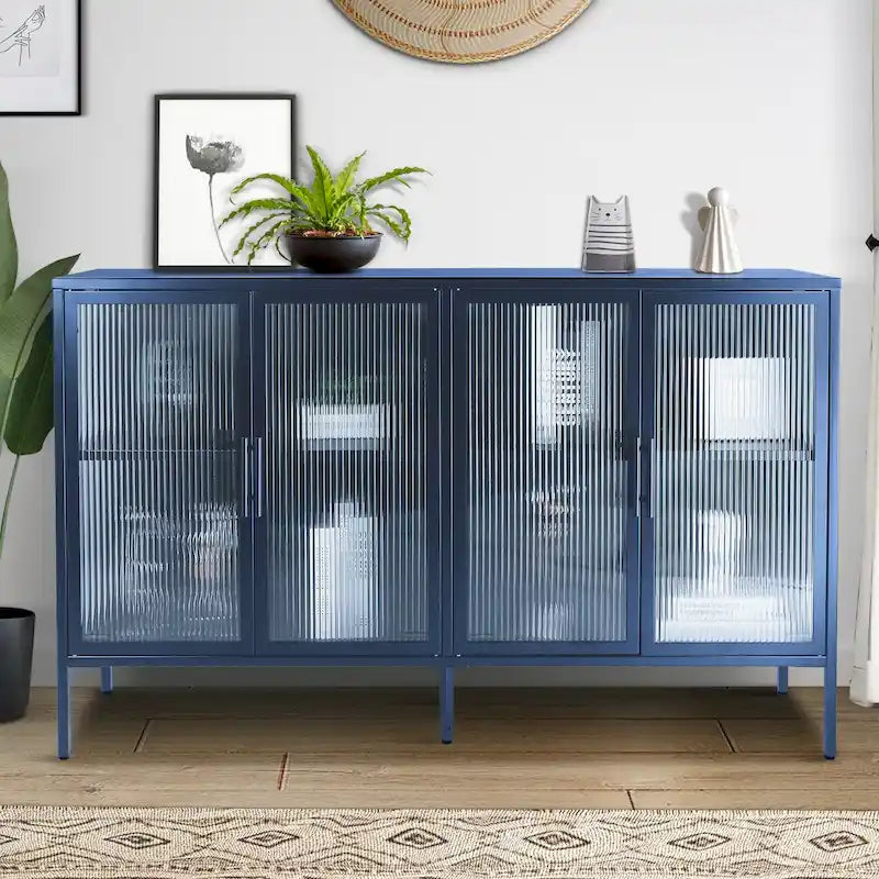 4-Door Tempered Glass Cabinet with 4 Glass Doors Adjustable Shelf and Feet Anti-Tip Dust-free Fluted Glass Kitchen Credenza