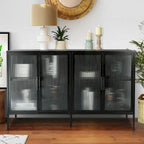4-Door Tempered Glass Cabinet with 4 Glass Doors Adjustable Shelf and Feet Anti-Tip Dust-free Fluted Glass Kitchen Credenza