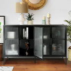 4-Door Tempered Glass Cabinet with 4 Glass Doors Adjustable Shelf and Feet Anti-Tip Dust-free Fluted Glass Kitchen Credenza