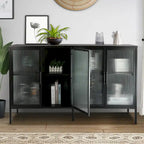 4-Door Tempered Glass Cabinet with 4 Glass Doors Adjustable Shelf and Feet Anti-Tip Dust-free Fluted Glass Kitchen Credenza