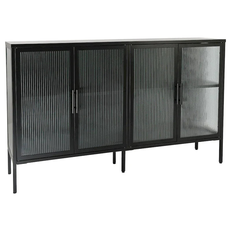 4-Door Tempered Glass Cabinet with 4 Glass Doors Adjustable Shelf and Feet Anti-Tip Dust-free Fluted Glass Kitchen Credenza