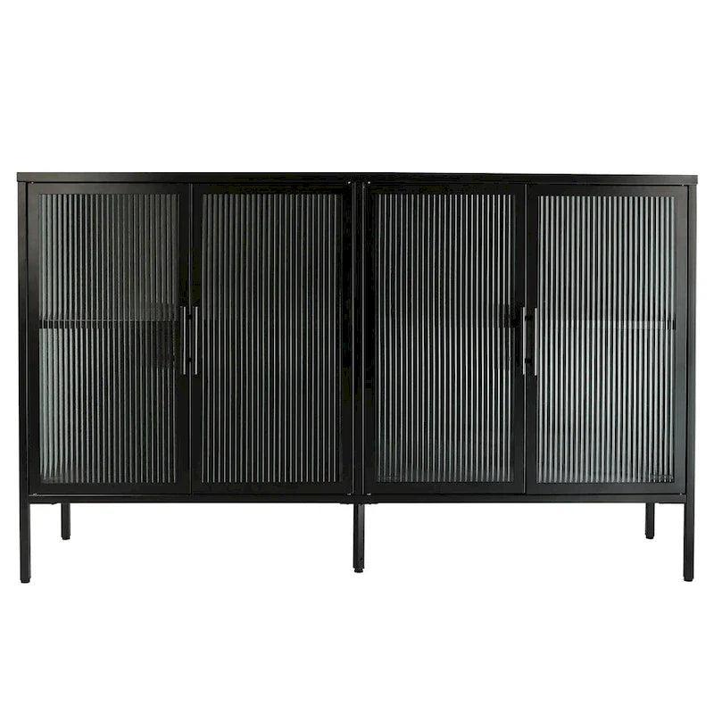 4-Door Tempered Glass Cabinet with 4 Glass Doors Adjustable Shelf and Feet Anti-Tip Dust-free Fluted Glass Kitchen Credenza