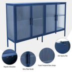 4-Door Tempered Glass Cabinet with 4 Glass Doors Adjustable Shelf and Feet Anti-Tip Dust-free Fluted Glass Kitchen Credenza