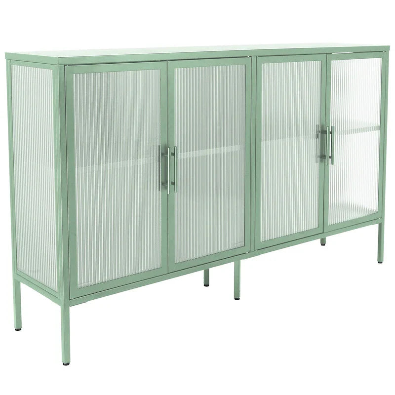 4-Door Tempered Glass Cabinet with 4 Glass Doors Adjustable Shelf and Feet Anti-Tip Dust-free Fluted Glass Kitchen Credenza