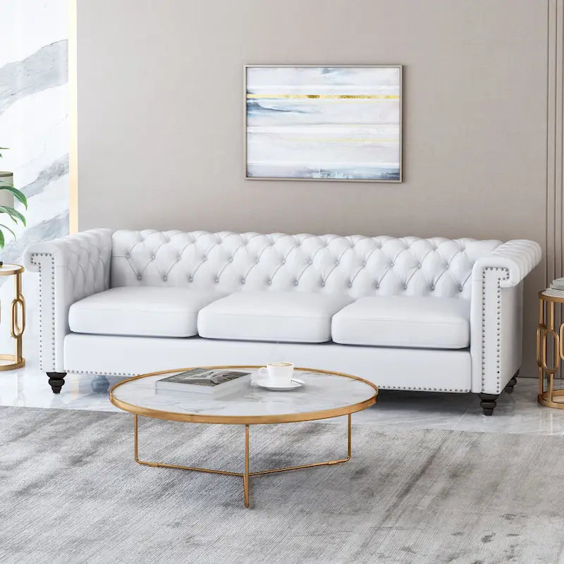 White 83 Chesterfield Button Tufted 3-Seater Sofa with Nailheads and Legs