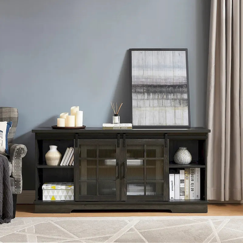 Multipurpose Sliding Door TV Stand Large Storage Cabinet with 2 Sliding Fluted Glass Tempered Doors, TV Up to 65