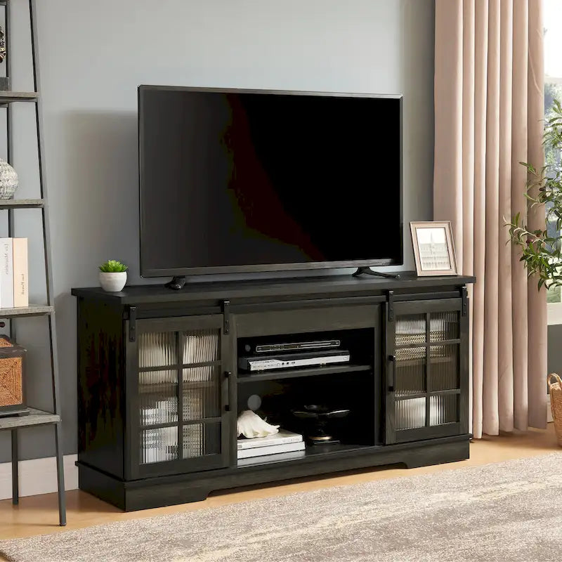 Multipurpose Sliding Door TV Stand Large Storage Cabinet with 2 Sliding Fluted Glass Tempered Doors, TV Up to 65