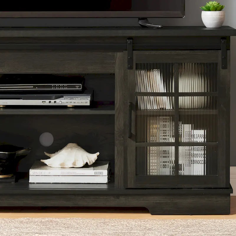 Multipurpose Sliding Door TV Stand Large Storage Cabinet with 2 Sliding Fluted Glass Tempered Doors, TV Up to 65