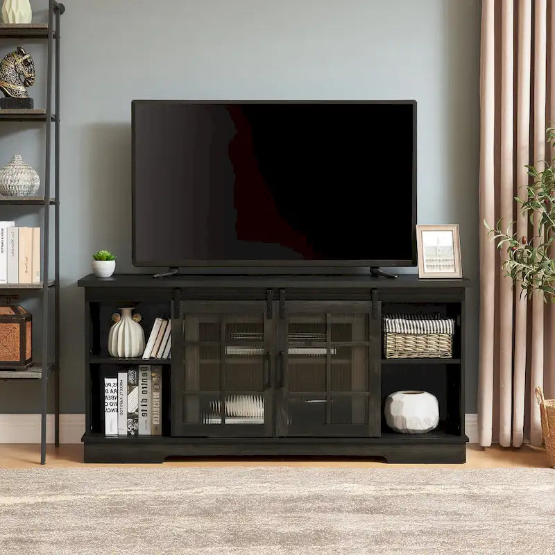 Multipurpose Sliding Door TV Stand Large Storage Cabinet with 2 Sliding Fluted Glass Tempered Doors, TV Up to 65