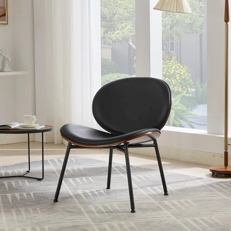 Shell Chair Single Side Chair Tripod Black Leather Lounge Chair in Walnut Finish Comfortable Backrest,Black color