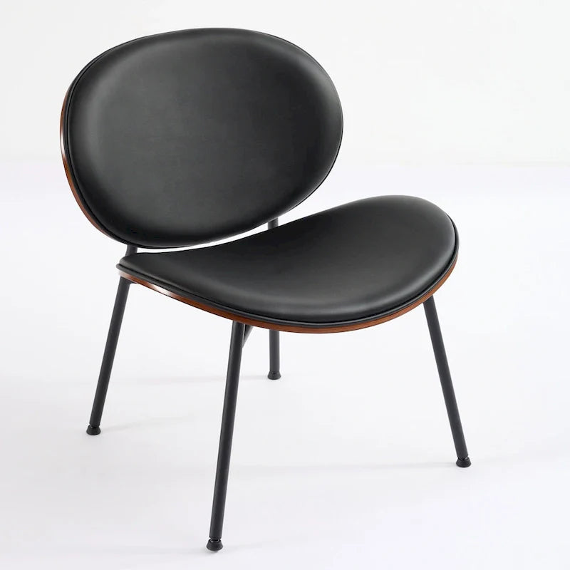 Shell Chair Single Side Chair Tripod Black Leather Lounge Chair in Walnut Finish Comfortable Backrest,Black color