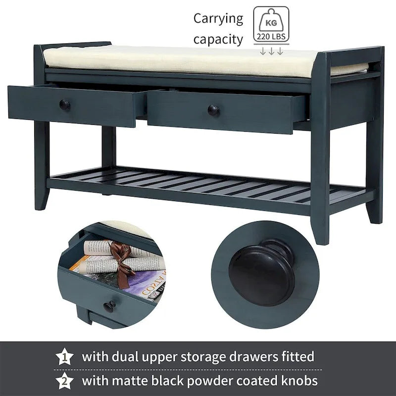39 Farmhouse Versatile Entry Upholstered Storage Bench with 2 Drawers and 1 Shoe Rack