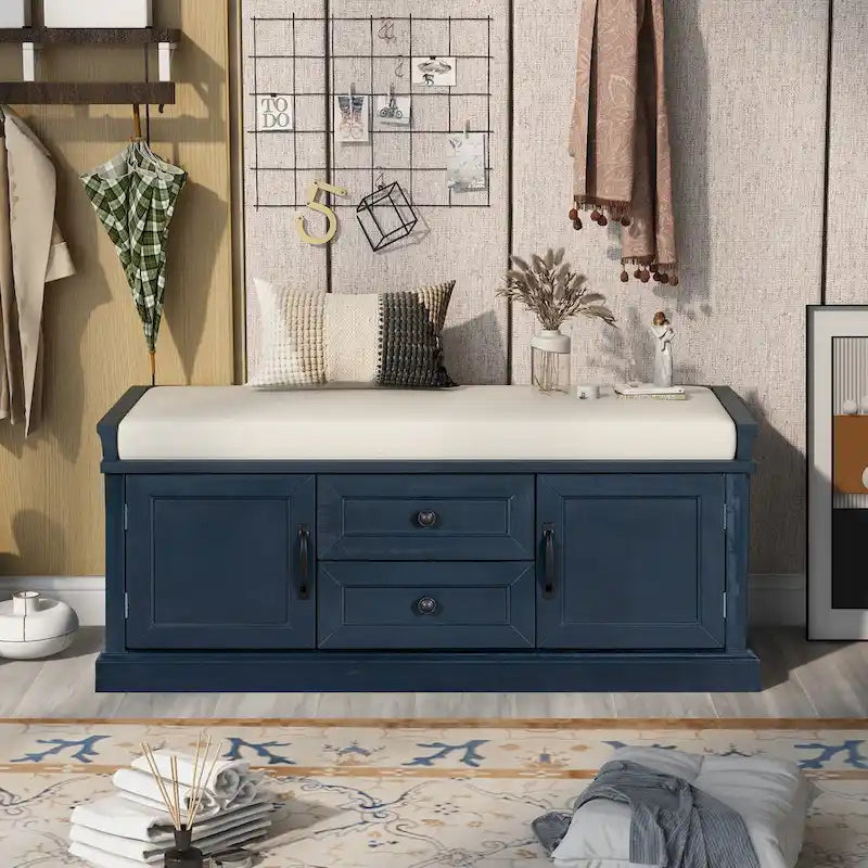 Storage Bench with 2 Drawers and 2 Cabinets, Shoe Bench with Removable Cushion for Living Room