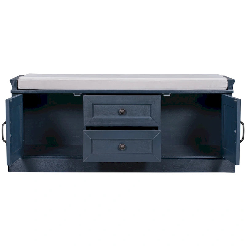 Storage Bench with 2 Drawers and 2 Cabinets, Shoe Bench with Removable Cushion for Living Room
