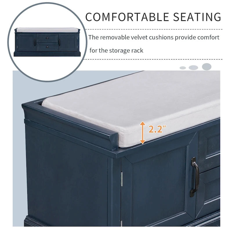 Storage Bench with 2 Drawers and 2 Cabinets, Shoe Bench with Removable Cushion for Living Room