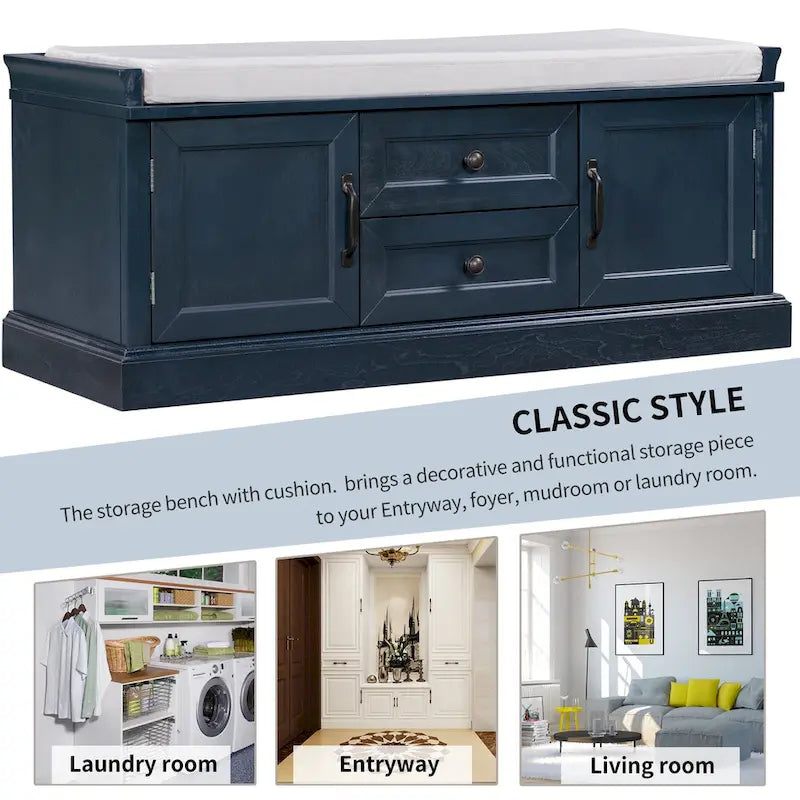 Storage Bench with 2 Drawers and 2 Cabinets, Shoe Bench with Removable Cushion for Living Room