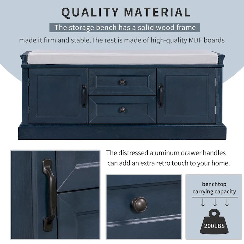 Storage Bench with 2 Drawers and 2 Cabinets, Shoe Bench with Removable Cushion for Living Room