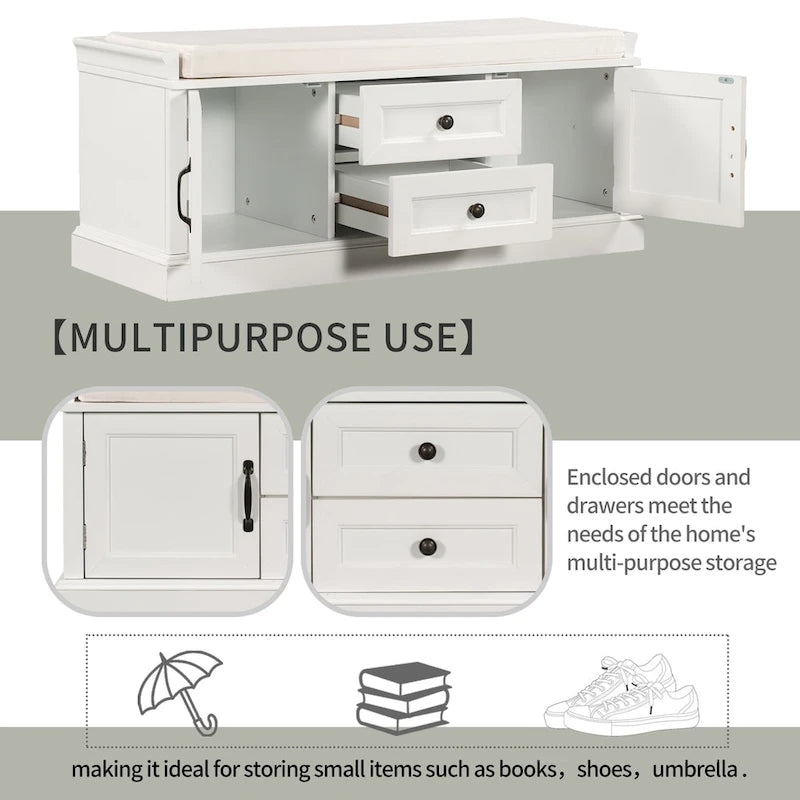 Storage Bench with 2 Drawers and 2 Cabinets, Shoe Bench with Removable Cushion for Living Room