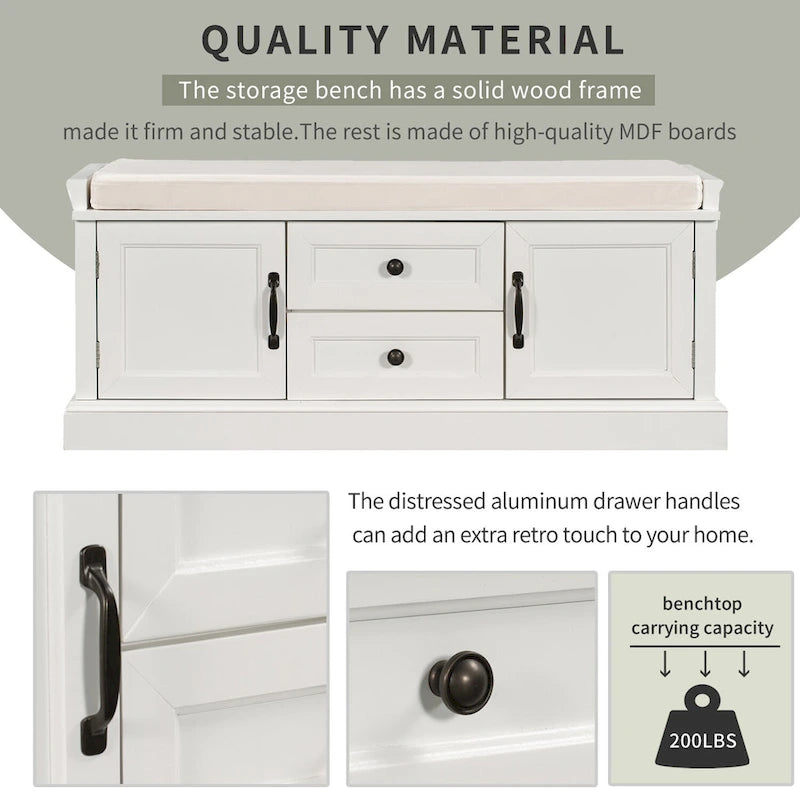 Storage Bench with 2 Drawers and 2 Cabinets, Shoe Bench with Removable Cushion for Living Room