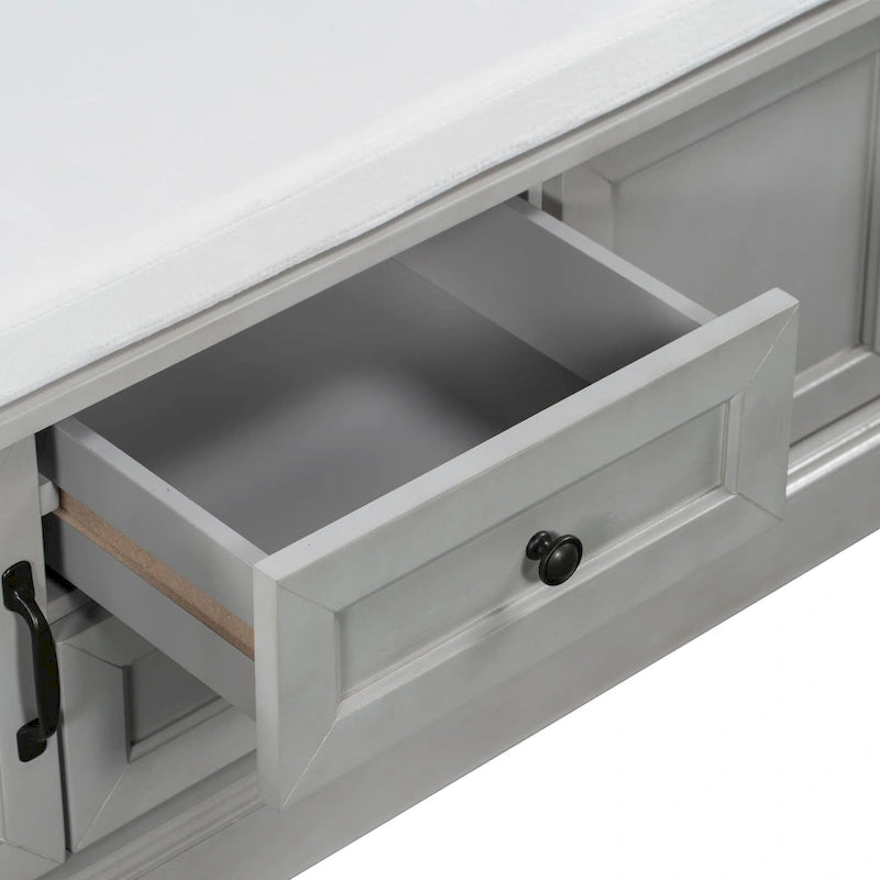 Storage Bench with 2 Drawers and 2 Cabinets, Shoe Bench with Removable Cushion for Living Room