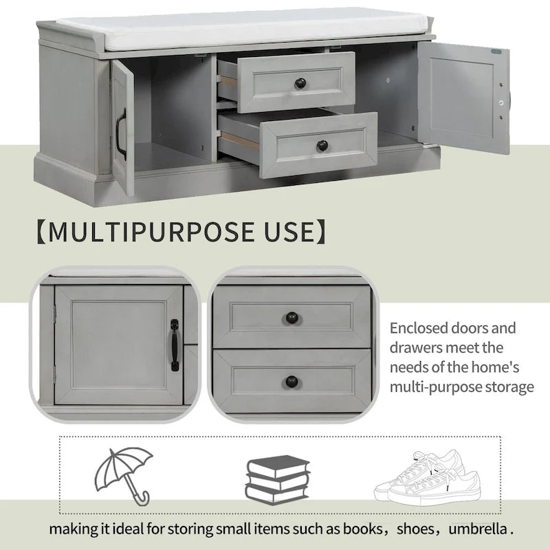 Storage Bench with 2 Drawers and 2 Cabinets, Shoe Bench with Removable Cushion for Living Room